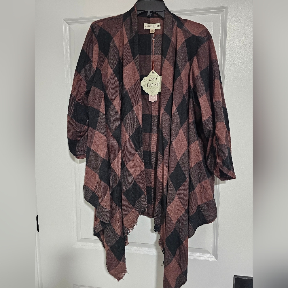 Knox Rose Open-Front Cardigan Flannel with Waterfall Hem